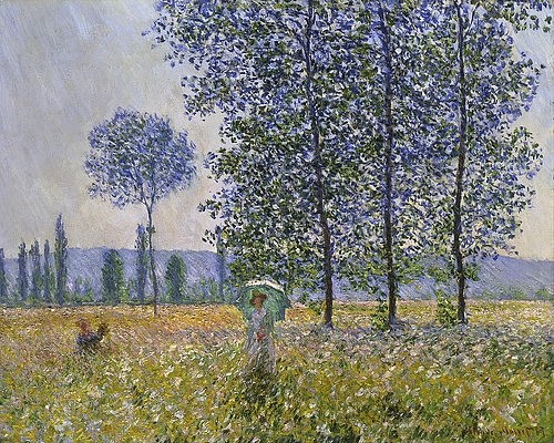 Claude Monet, Felder im Frühling. 1887 (Monet,Claude,1840-1926,Stuttgart,Staatsgalerie,Öl auf Leinwand,Monet,Claude Monet,19. Jahrhundert,Impressionismus,Spaziergängerin,Sonnenschirm,heiter,hohe Bäume,Pappeln,Landschaft,blühende Landschaft,Pinselstriche,lichtdurchflutet,Frühlingslandschaft)