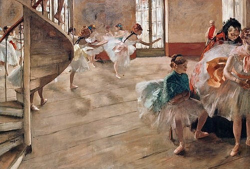 Edgar Degas, Die Tanzprobe. Um 1874 (Degas,Edgar,1834-1917,Glasgow,Burrell Collection,19. Jahrhundert,Degas,Edgar Degas, französischer impressionismus,impressionistisch,französisch,Ballettsaal,üben,Ballett,Ballerina,Ballerinas,Wendeltreppe,exercise,Tänzerin,Tänzerinnen)