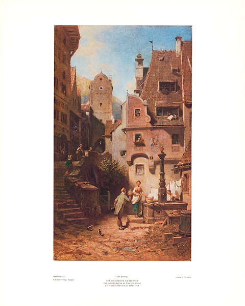 Carl Spitzweg, Hochzeiterbrunnen 237 (Offset) (Malerei, Klassiker, Dorfstraße, Mann, Frau, Brunnen, Blumenstrauß, Heiratsantrag, Verbeugung, Humor, Spätromantik, Wohnzimmer, bunt)