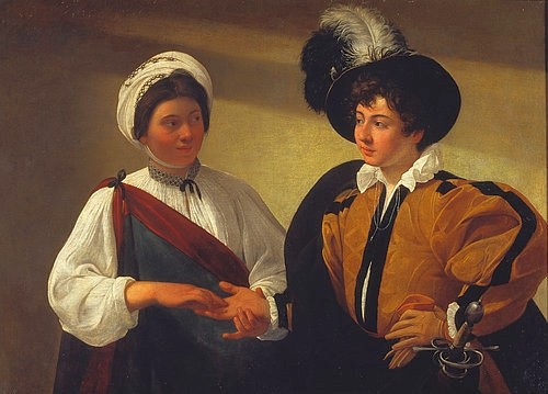 Michelangelo Merisi da Caravaggio, Die Wahrsagerin. Um 1595-1600 (Frau, Magie, Handlesekunst, Junger Mann, Herrenmode  Esoterik, Aberglaube, Mode, Barock, Klassiker, Malerei, Wunschgröße, Wohnzimmer)
