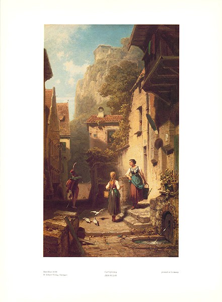 Carl Spitzweg, Husar 300 (Offset) (Malerei, Klassiker, Mädchen, stolzer Soldat, kokett, Dorfstraße, Spätromantik, Wohnzimmer, bunt)