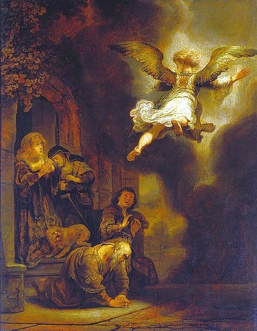 Rembrandt van Rijn, Der Erzengel Raphael verlässt die Familie des Tobias. 1637 (Barock,17. Jahrhundert,Holz,1606-1669,Rembrandt van Rijn,Paris,Musée du Louvre,Altes Testament,Engel,Rembrandt van Rijn 1606-1669,fliegen,Bestürzung,Licht,Tobias)