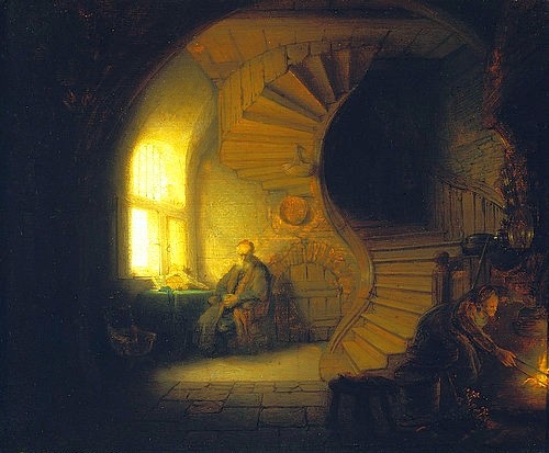 Rembrandt van Rijn, Meditierender Philosoph. 1632 (Paris,Musée du Louvre,Rembrandt van Rijn,1606-1669,Holz,17. Jahrhundert,Fenster,Treppe,Rembrandt van Rijn 1606-1669,Wendeltreppe,Feuerstelle,Mann,Meditation,Philosoph,nachdenken,nachsinnen)