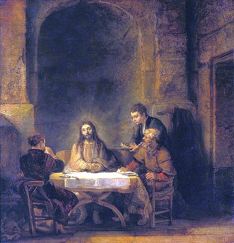 Rembrandt van Rijn, Das Mahl in Emmaus. 1648 (Paris,Musée du Louvre,Rembrandt van Rijn,1606-1669,Holz,Neues Testament,Christus,Visionen,Rembrandt van Rijn 1606-1669)