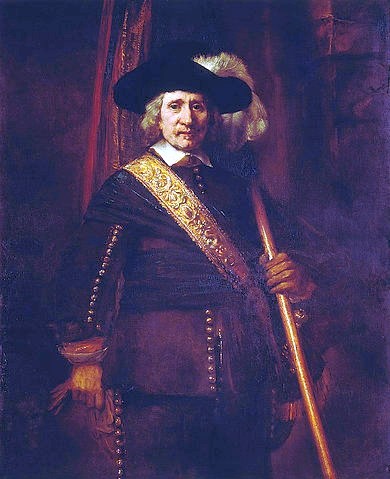 Rembrandt van Rijn, Der Standartenträger Floris Soop. 1654 (17. Jahrhundert,Öl auf Leinwand,New York,Metropolitan Museum,1606-1669,Rembrandt van Rijn,Rembrandt van Rijn,Uniform,Mann,Barock,Schärpe)