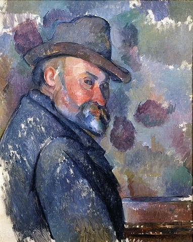 Paul Cézanne, Selbstbildnis mit Hut. 1890/94 (Cézanne,Paul,1839-1906,Tokyo,Bridgestone Museum of Art,Öl auf Leinwand,Selbstbildnis,Cezanne,Cézanne, Paul 1839-1906,Hut,Post-Impressionismus,Mann,Künstlerportrait,Schulterblick,über die Schulter schauen,Bart)