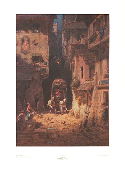 Carl Spitzweg, Post 236 (Offset) (Malerei, Klassiker, Dorfstraße, Brunnen, Wäscherinnen, Postkutsche, Spätromantik, Wohnzimmer, bunt)