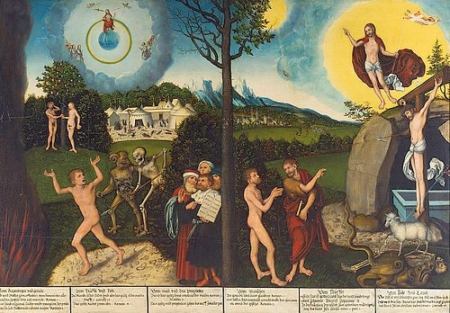 LUCAS CRANACH Der Ältere, Sündenfall und Erlösung des Menschen. Altar. 1529 (Adam und Eva, Paradies, Vertreibung, Tod, Auferstehung, Jesu, Christus, Sündenfall, Erlösung, Christentum, Salvator, Religion, Klassiker, Renaissance, Wunschgröße, Wohnzimmer)