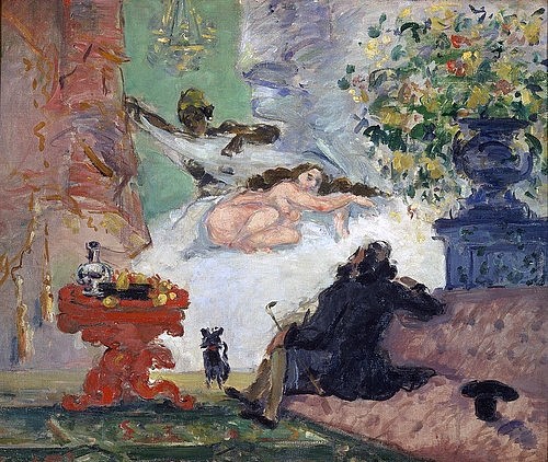 Paul Cézanne, Eine moderne Olympia. 1873/74 (Cézanne,Paul,1839-1906,Paris,Musée d'Orsay,Öl auf Leinwand,19. Jahrhundert,Post-Impressionismus,Paul Cézanne,Cezanne,Olympia,Zitat,Studie,Bett,Frau,Erotik,Mann,lasziv,Dienerin,erotische Phantasie,erotisch,Voyeurismus,Voyeur)