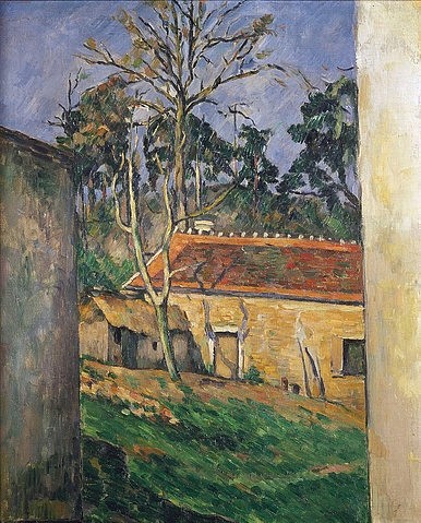 Paul Cézanne, Hof eines Bauernhauses in Auvers. 1879/80 (Cézanne,Paul,1839-1906,Paris,Musée d'Orsay,Öl auf Leinwand,19. Jahrhundert,Paul Cézanne,Cezanne,Post-Impressionismus,Bauernhof,Gebäude,Bauernhaus,Stall)
