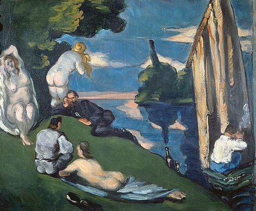 Paul Cézanne, Pastorale (oder: Idylle). 1870 (Cézanne,Paul,1839-1906,Paris,Musée d'Orsay,19. Jahrhundert,Paul Cezanne,Post-Impressionismus,Gruppe,Akt,Akte,draußen,im Freien)