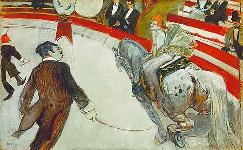 Henri de Toulouse-Lautrec, Die Zirkusreiterin im Zirkus Fernando. 1887/88 (19. Jahrhundert,Öl auf Leinwand,Chicago,Art Institute,1864-1901,Toulouse-Lautrec,Henri de,Zirkus,Reiten,Toulouse-Lautrec, Henri de 1864-1901,Reiterin,Peitsche,Zirkusdirektor,Manege,Frack,Unterhaltung,Artistin,Artisten)