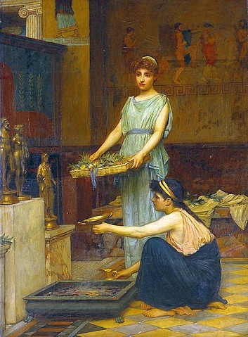 John William Waterhouse, Opferung am Hausaltar. (19. Jahrhundert,Öl auf Leinwand,1849-1917,Waterhouse,John William,Christie's Images Ltd,Religiös,Waterhouse, John William 1849-1917,Präraffaeliten,präraffaelitisch,Altar,Frauen,Opfer,Opfergaben,Laren,darbringen,Penaten,römisch,Schutzgötter,Haushalt,Statue)