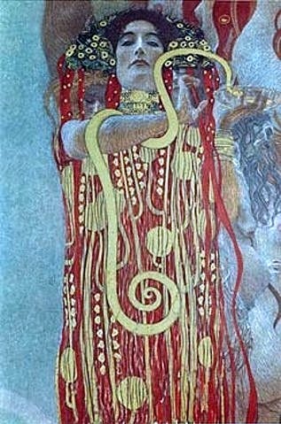 Gustav Klimt, Hygieia. Detail aus der Medizin. 1900/1907 (Klimt,Gustav,1862-1918,Öl auf Leinwand,1945 in Schloß Immendorf verbrannt,Klimt, Gustav Klimt,Jugendstil,Wiener Sezession,Medizin,Allegorie,Mythologie,Reptilien,Göttin der Gesundheit,Untersicht,Schlange,Schlangen,femme fatale,rot)