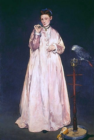 Édouard Manet, Frau mit Papagei. 1866. (Ganzkörperportrait, Frau, rosa Kleid, Vogel, Papagei, Graupapagei, Impressionismus, Wohnzimmer, Klassiker, Wunschgröße, bunt,)