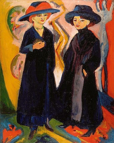 Ernst Ludwig Kirchner, Zwei Damen. 1911-12/1922 (Kirchner,Ernst Ludwig,1880-1938,Los Angeles,County Museum of Art,Öl auf Leinwand,20. Jahrhundert,Expressionismus,USA,Die Brücke,Los Angeles,Frauen, Damen,Frau,Kirchner, Ernst Ludwig 1880-1938 Hut Hüte stehen)