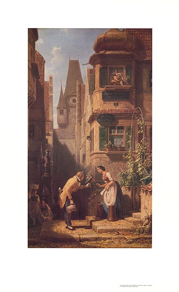 Carl Spitzweg, Ewiger Hochzeiter (Offset) (Malerei, Klassiker, Dorfstraße, Mann, Frau, Heiratsantrag, Verbeugung, Humor, Spätromantik, Wohnzimmer, bunt)