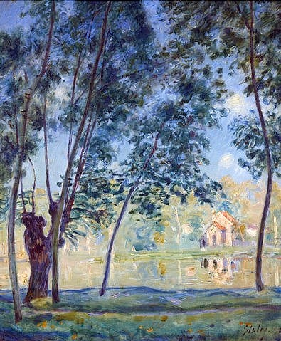 Alfred Sisley, Flusslandschaft. 1890 (Sisley,Alfred,1839-1899,Sammlung P.Wormser,Zürich,Sisley,Alfred Sisley19. Jahrhundert,Impressionismus,Landschaft,Fluss,Baum,Bäume,Weide,Weiden,Weidenbaum,Frühling,grün,helle Farben,Pastellfarben,Pastelltöne,weich)