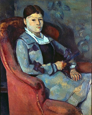 Paul Cézanne, Die Frau des Künstlers mit dem Fächer. 1878/88 (Cézanne,Paul,1839-1906,Zürich,Stiftung Sammlung E.G. Bührle,Öl auf Leinwand,19. Jahrhundert,Portrait,Paul Cézanne,Sessel,Frau,Fächer,Hortense,Modell,Modell sitzen)