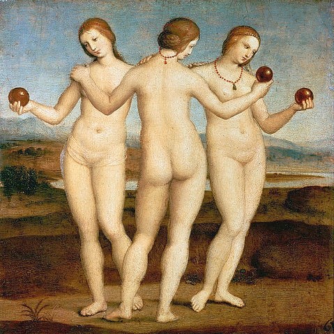 Raffael (Raffaello Sanzio), Die drei Grazien. Gegen 1502/03. (Raffael (Raffaello Sanzio),1483-1520,Chantilly,Musée Condé,Weibliche Akte,Mythologie,Raffael (Raffaello Santi) 1483-1520,Grazien,Aglaia,Euphrosyne,Thalia)