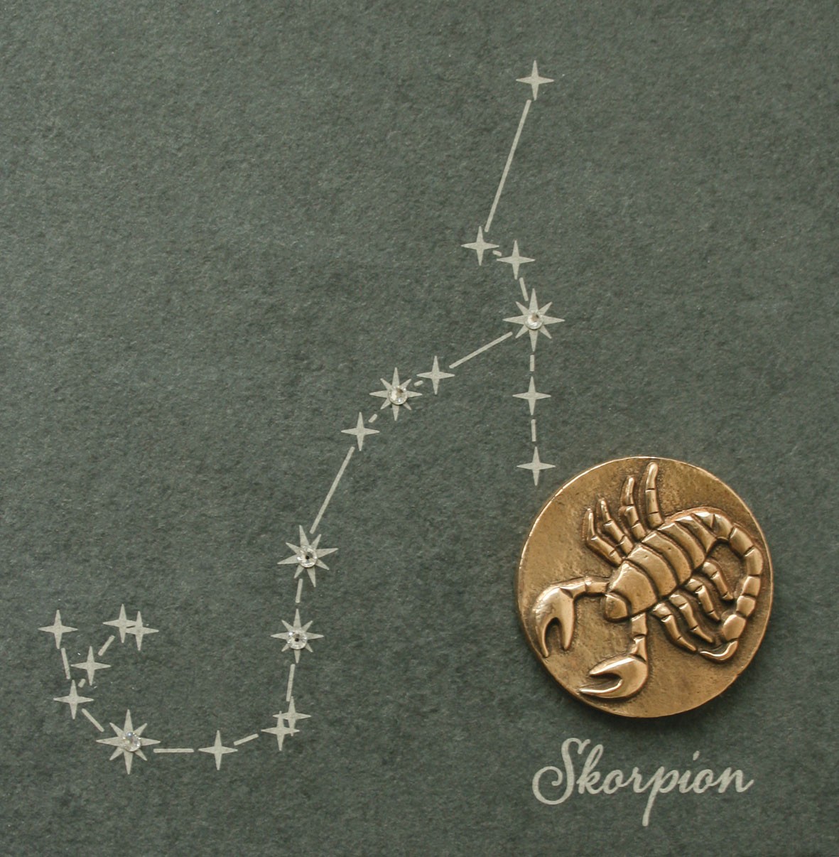 Skorpion, 14,5 x 14,5cm (Münze, Medaille, Bronze, Sternzeichen, Skorpion, Symbol, Schiefertafel, Sternbild, Glitzersteine, Sterne,)