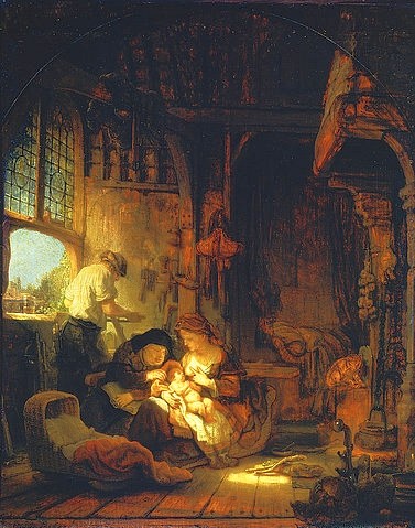 Rembrandt van Rijn, Die Familie des Zimmermanns Joseph (oder: Die hl. Familie). 1640 (Christliche Kunst,Barock,17. Jahrhundert,Öl auf Holz,1606-1669,Rembrandt van Rijn,Paris,Musée du Louvre,Heilige Familie,Rembrandt van Rijn 1606-1669,stillen,Wiege,Interieur,Fenster)