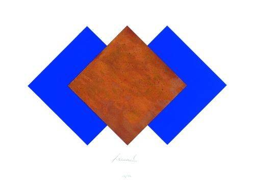 Freund Jürgen Quadrate Rost & Blau (Collage, handsigniert) (Quadrate, Romben, Geometrie, Muster,  Mathematik, Farbflächen, Original, abstrakt, Grafik, Collage, signiert, braun/blau)