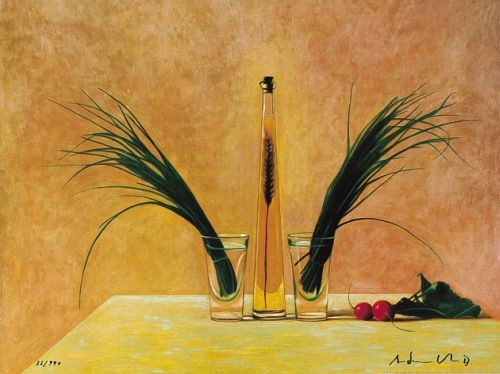 Andreas Scholz, Geneverflasche & Gemuese (Stillleben, Flasche, Genever, Alkohol, Schnittlauch, Radieschen, modern, Malerei, zeitgenössisch, Esszimmer, Küche, bunt)