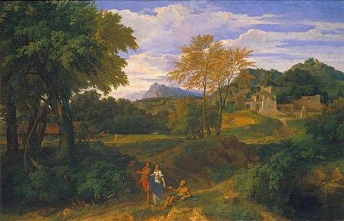 Jean-François Millet, Klassische Landschaft. Wohl 1660er Jahre (Landschaftsmalerei, Landschaft, Italien, arkadisch, Hügel, Berge, Spaziergänger, Bettler, Klassiker, Wunschgröße, Wohnzimmer, bunt)