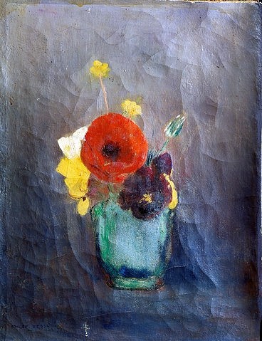 Odilon Redon, Blumenstrauss mit Mohnblumen in einer grünen Vase. (Postimpressionismus, Stillleben, Blumenvase, Blüten, Blumen, Sommerblumen, Mohnblumen, floral, klassische Moderne, Malerei, Wohnzimmer, Esszimmer, Treppenhaus, Wunschgröße, bunt)
