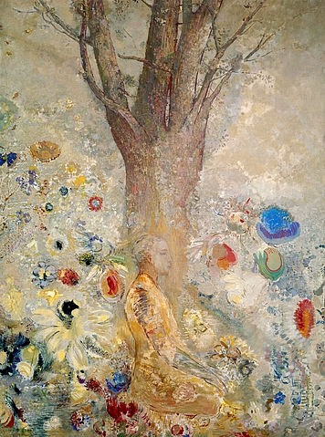 Odilon Redon, Der Buddha. 1904 (Wunschgröße, klassische Moderne, Symbolismus, Buddha, Baum, Blüten, Meditation, mystisch, Treppenhaus, Wohnzimmer, Malerei, bunt)