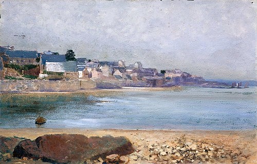 Odilon Redon, Port Breton. (Wunschgröße, klassische Moderne, Postimpressionimus, Landschaft, hafen, Meer, Bretagne, Frankreich, Treppenhaus, Wohnzimmer, Malerei, bunt)