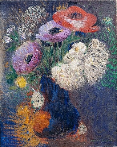 Odilon Redon, Phantasieblumen und Anemonen. (Postimpressionismus, Stillleben, Blumenvase, Blüten, Blumen, Sommerblumen, floral, klassische Moderne, Malerei, Wohnzimmer, Esszimmer, Treppenhaus, Wunschgröße, bunt)