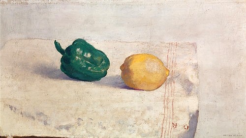 Odilon Redon, Stilleben mit Zitrone und Paprikaschote. 1901 (Wunschgröße, klassische Moderne, Postimpressionismus, Gemüse, Paprik, Zitrone, Stillleben, Küche, Esszimmer, Treppenhaus, Wohnzimmer, Malerei, bunt)