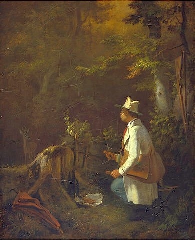 Carl Spitzweg, Der Sonntagsjäger. (19. Jahrhundert,Privatbesitz Dr.Becker,Basel,1808-1885,Spitzweg,Carl,Jagd,Spitzweg, Carl 1808-1885,Biedermeier,Wald,Jagd,Sonntag,Umhängetasche,Jäger,humorvoll,Satire,Regenschirm,auf der Lauer,lauern,Mann,Hobby)