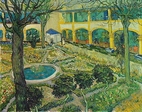 Vincent van Gogh, Der Garten des Maison de Santé in Arles. 1889 (Öl auf Leinwand,Winterthur,Sammlung Oskar Reinhart,1853-1890,Gogh,Vincent van,Gogh,van Gogh,19. Jahrhundert,Garten,Haus,Brunnen,Krankenhaus,Impressionismus,Postimpressionismus,Hof,Innenhof)
