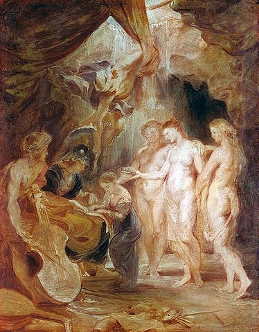 Peter Paul Rubens, Medici-Zyklus: Die Erziehung der Prinzessin (Skizze). (Höhle, Maria di Medici, Musik, Instrumente, Unterricht, Barock, Klassiker, Malerei, Treppenhaus, Wohnzimmer, Wunschgröße, bunt)