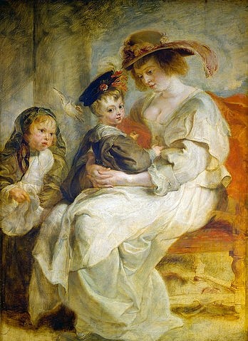 Peter Paul Rubens, Hélène Fourment und ihre Kinder. 1636/37 (Öl auf Holz,Barock,Portrait,17. Jahrhundert,1577-1640,Rubens,Peter Paul,Paris,Musée du Louvre,Peter Paul Rubens,Helene Fourment Frau Mutter Kind Kinder,Junge,Mädchen Federhut Hut,Claire-Jeanne and Francois Frau des Künstlers)