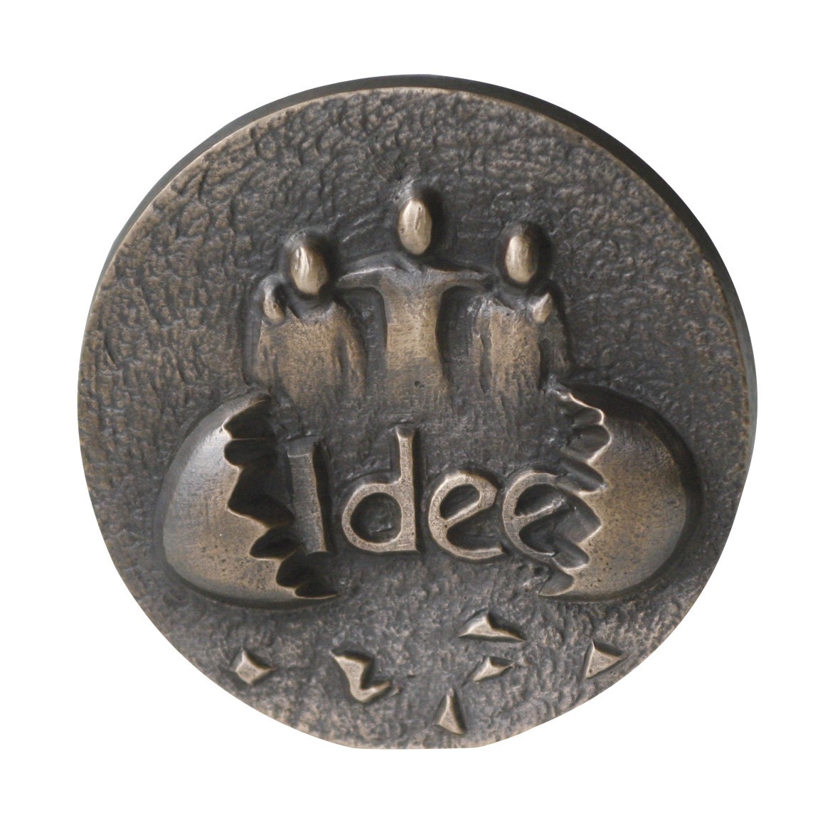Eine Idee ist geboren (Teamgeist, Impulse, Kreativität, Ideen, Menschen, Ei, schlüpfen, Herausforderung,  Motivation, Ispiration, gemeinsam, vereint, Figuren, Skulpturen, Bronze, Plakette, Wohnzimmer, Büro, Business, bronzefarben, Patina)