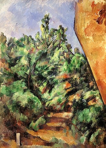 Paul Cézanne, Der rote Felsen (Le rocher rouge). 1895 (Landschaft,Post-Impressionismus,19. Jahrhundert,Öl auf Leinwand,Paris,Musée de l'Orangerie,1839-1906,Cézanne,Paul,Paul Cezanne,mediterran,Provence,Felsen,rot,Weg,Bäume,Baum)