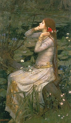 John William Waterhouse, Ophelia. 1894 (Christie's Images Ltd,Waterhouse,John William,1849-1917,Öl auf Leinwand,19. Jahrhundert,Ophelia,Waterhouse, John William Waterhouse,Frau, Junge,Märchen,Hamlet,William Shakespeare,Teich,Seerosen,langes Haar,Lange Haare,Blumenkranz,Blütenkranz)