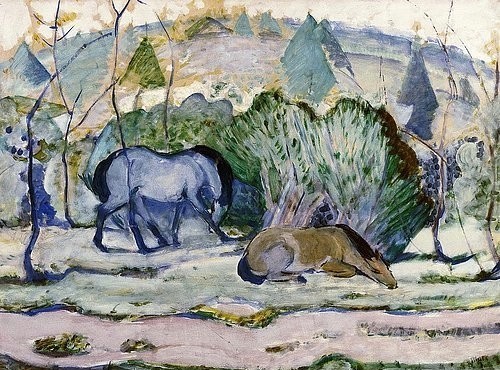 Franz Marc, Pferde auf der Weide. 1910 (20. Jahrhundert,Lüttich,Musée des Beaux-Arts,1880-1916,Marc,Franz,Marc, Franz,Pferd,Pferde,Tiere,weiden,Landschaft,Blauer reiter)