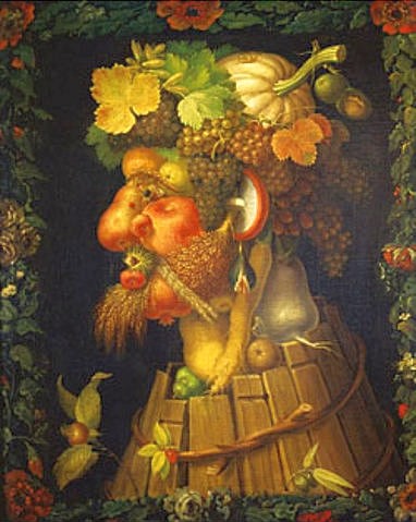 Giuseppe Arcimboldo, Der Herbst. (Wunschgröße, Gesicht, Portrait, Wein, Kürbis, Gemüse, Ähren, Ernte,  floral,Jahreszeit, Personifizierung, bizarr, Manierismus, Allegorie, Figurativ, Klassiker, Wohnzimmer, Esszimmer, bunt)