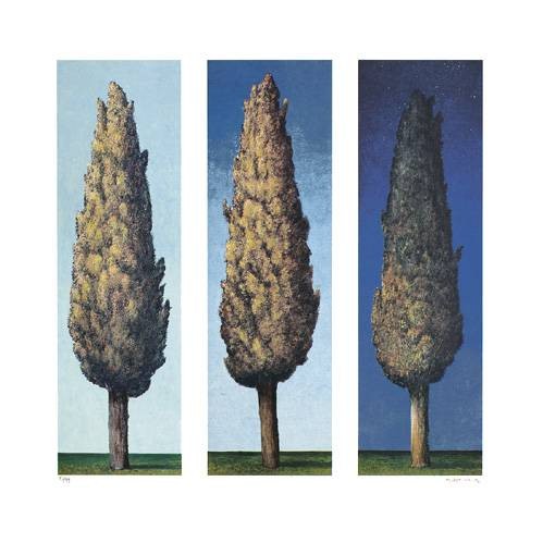 Rasch Folkert Zypressen Blau (1998) (Lithographie, handsigniert) (Bäume, Zypressen, mediterran, Triptychon, Grafik, Treppenhaus, Wohnzimmer, Arztpraxis, Original, signiert, bunt)