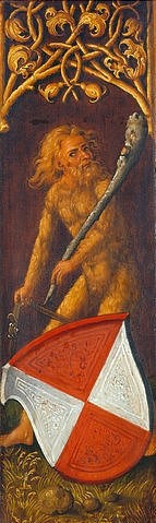 Albrecht Dürer, Bildnistriptychon Oswolt Krel. (Linker Flügel: Wilder Mann mit Wappen des Oswolt Krel). 1499 (München,Alte Pinakothek,Dürer,Albrecht,1471-1528,Öl/Lindenholz,Heraldik,Phantasiegestalten,Dürer, Albrecht 1471-1528, Bayerische Staatsgemäldesammlungen)