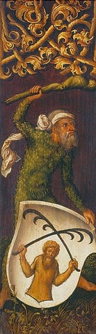 Albrecht Dürer, Bildnistriptychon Oswolt Krel. (Rechter Flügel: Wilder Mann mit Wappen der Agathe von Esendorf). 1499 (München,Alte Pinakothek,Dürer,Albrecht,1471-1528,Heraldik,Phantasiegestalten,Dürer, Albrecht 1471-1528,Agathe von Essendorf,Esendorf, Bayerische Staatsgemäldesammlungen)