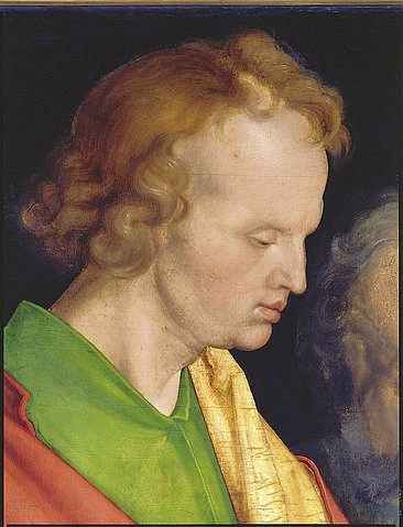 Albrecht Dürer, Die vier Apostel. Detail aus der linken Tafel: Kopf des Evangelisten Johannes. (München,Alte Pinakothek,Dürer,Albrecht,1471-1528,Heiliger Johannes,Dürer, Albrecht 1471-1528, Bayerische Staatsgemäldesammlungen)