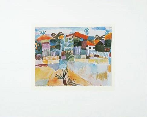 Klee Paul St.Germain/Tunis mit Palme (Frequenzmodulierte Rastertechnik, Bütten) (Malerei, Expressionismus, Landschaft, Afrika, Tunis,  Nordafrika, Palme, Klassische Moderne, Arztpraxis, Schlafzimmer, Wohnzimmer, bunt)