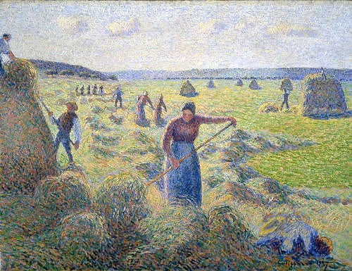 Camille Pissarro, Heuernte. 1887 (Christie's Images Ltd,Pissarro,Camille,1830-1903,Pissarro, Camille Pissarro,19. Jahrhundert,Impressionismus,impressionistisch,Ernte,Ernten,Sommer,Heu,Bäuerin,Landwirtschaft,Feld,Hauhocken,Heuhaufen,Getreide,ländlich,auf dem Land)