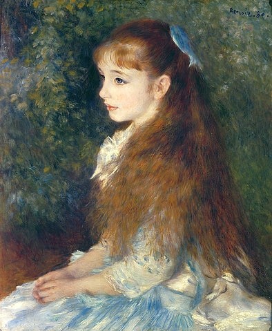 Pierre-Auguste Renoir, Irene Cahen d'Anvers. 1880 (Bildnis, Portrait, Mädchen, Haarpracht, Impressionismus, klassische Moderne, Wunschgröße, Wohnzimmer, Malerei)